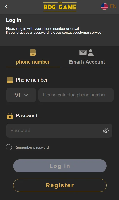 BDG Win login page